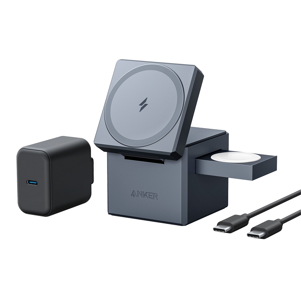 [ANK-CUBE-3-IN-1-G] (ANK-CUBE-3-IN-1-G) Anker - Chargeur sans fil 3 dans 1 - Technologie Magsafe - Chargement rapide pour iPhone, AirPods et Apple Watch - Accepte le mode portrait ou paysage - Charge 3 dispositifs à la fois