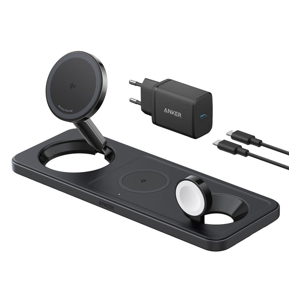 (ANK-PWCHARGER-3-IN-1-B) Chargeur sans fil 3 chez 1 Anker - Technologie MagGo - Charge rapide: iPhone, Airpods, Apple Watch - Charge 3 dispositifs à la fois - Charge rapide 15W - Structure horizontale : Couleur noire