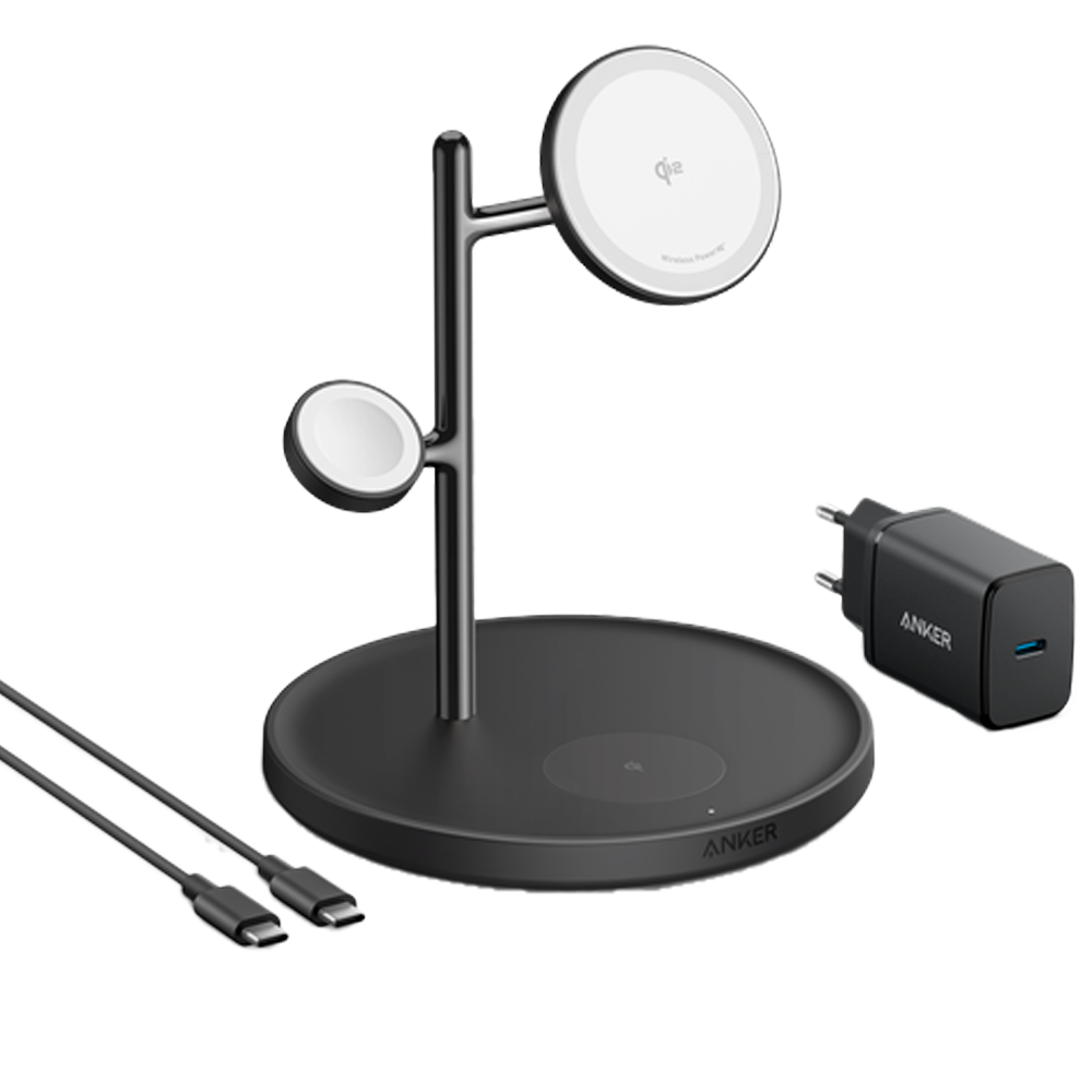 (ANK-SWCHARGER-3-IN-1-B) Chargeur sans fil 3 chez 1 Anker - Technologie MagGo - Charge rapide: iPhone, Airpods, Apple Watch - Charge 3 dispositifs à la fois - Structure pour placement des dispositifs - Couleur noir