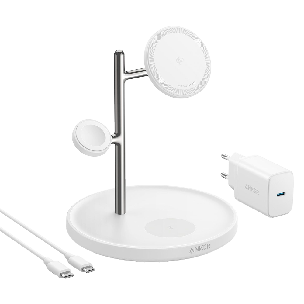 [ANK-SWCHARGER-3-IN-1-W] (ANK-SWCHARGER-3-IN-1-W) Chargeur sans fil 3 chez 1 Anker - Technologie MagGo - Charge rapide: iPhone, Airpods, Apple Watch - Charge 3 dispositifs à la fois - Structure pour placement des dispositifs - Couleur blanche