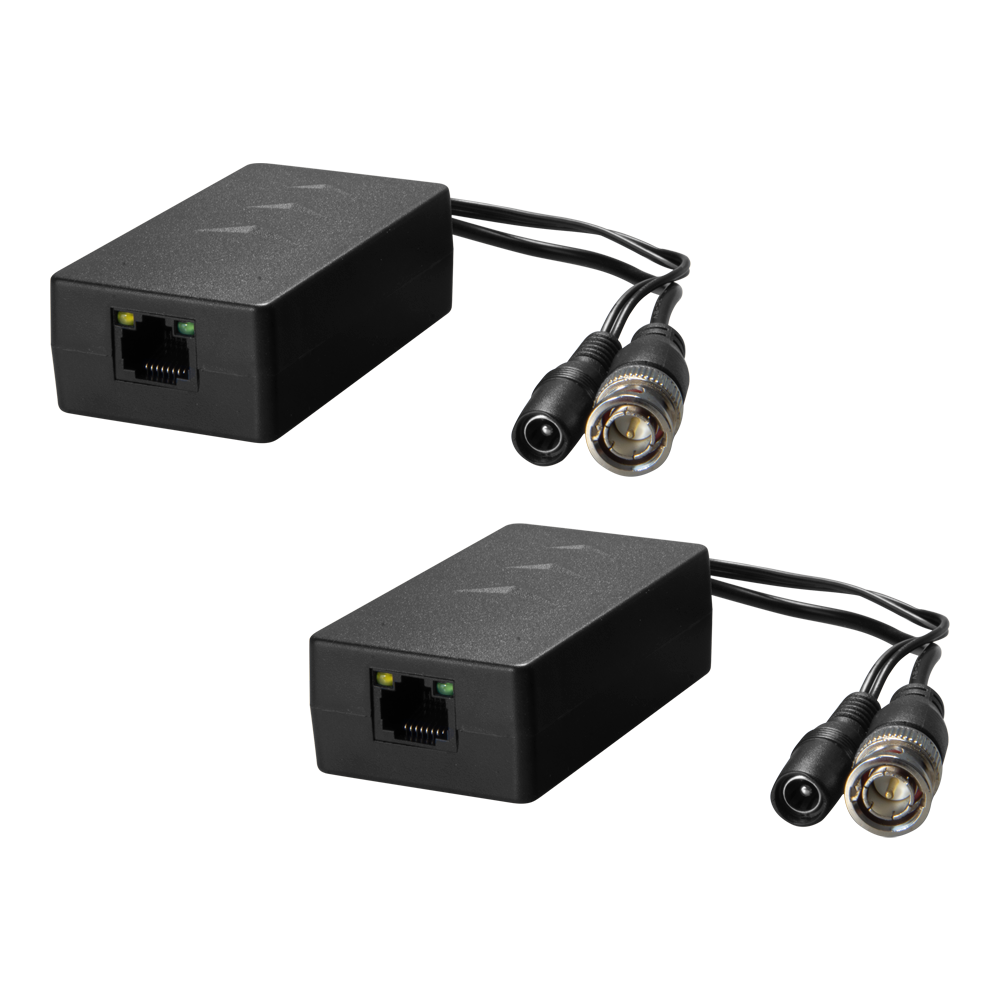 (BA607PV-HD) Émetteur Récepteur passif par paire torsadée - Optimisé pour HDTVI,HDCVI et AHD - 1 canal de vidéo et alimentation - Connecteur RJ45 (UTP), BNC y Jack - Portée: 200 ~ 400 m - 2 unités, émetteur et récepteur