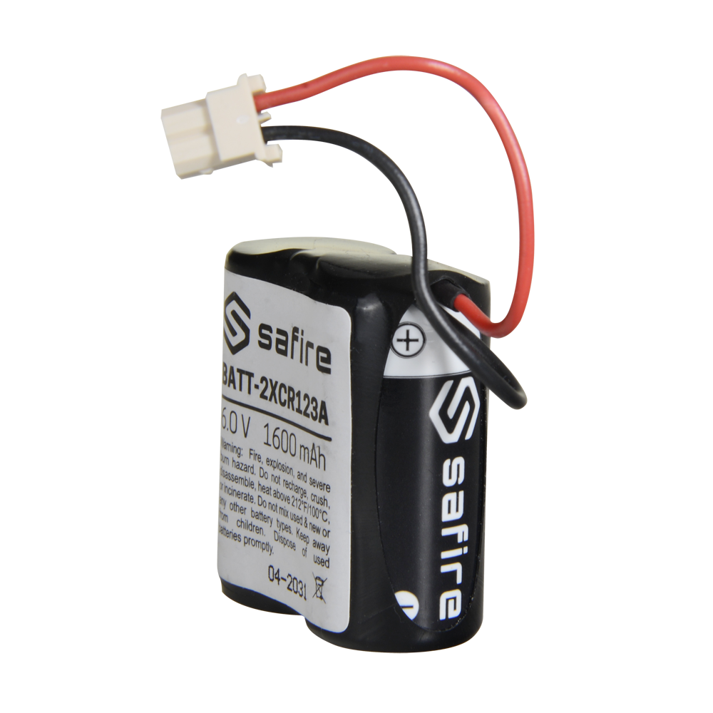 (BATT-2XCR123A) Safire - Pack de piles CR123A / CR17345 / 5018LC - En rétractable avec connecteur Molex 5284 - Tension 6 V / Lithium - Capacité nominale 1600 mAh - Compatible avec les détecteurs Visonic Next Cam PG2 et K9 PG2