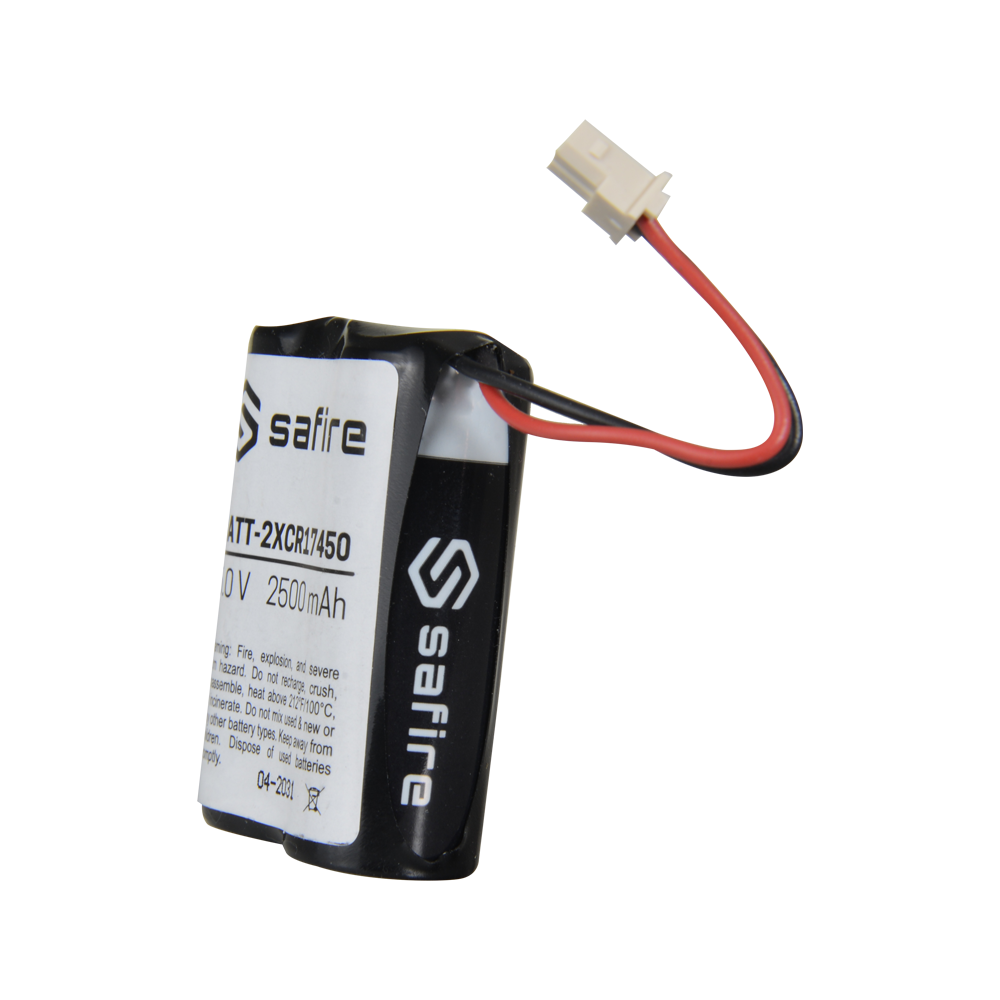 [BATT-2XCR17450] (BATT-2XCR17450) Safire - Pack de piles CR17450 / 4/5A / CR8L - En rétractable avec connecteur Molex 5284 - Tension 6 V / Lithium - Capacité nominale 2500 mAh - Compatible avec les détecteurs Visonic Next Cam PG2 et K9 PG2