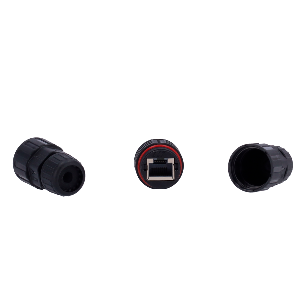 (CON-RJ45-GLAND-W-BLACK) Connecteur avec raccord industriel - Connecteur entrée RJ45  - Connecteur sortie RJ45 - Compatible UTP CAT 6 - IP68 - Couleur noir