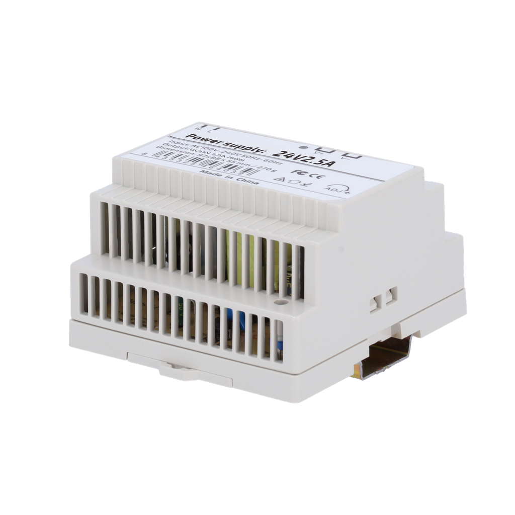 (DC24V2A5-DIN-P) Source d´alimentation  - Sortie DC 24 V 2.5 A / 60 W - Tension d'entrée AC 100V ~ 240V 50Hz-60Hz -  97 (Pr) x 55 (H) x 88 (L) mm - Montage sur rail DIN - Protection: Surcharge / Surtension / Court-circuit