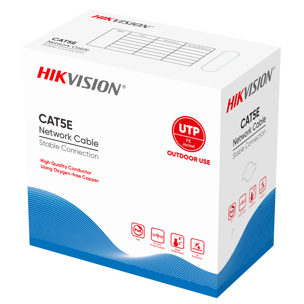 [DS-1LN5EO-UU/E] (DS-1LN5EO-UU/E) Catégorie 5E de câble UTP Hikvision - Conducteur OFC, 99,5% cuivre - Matériau PVC - Livré dans une boîte en carton de 305m - Spéciale pour extérieur
