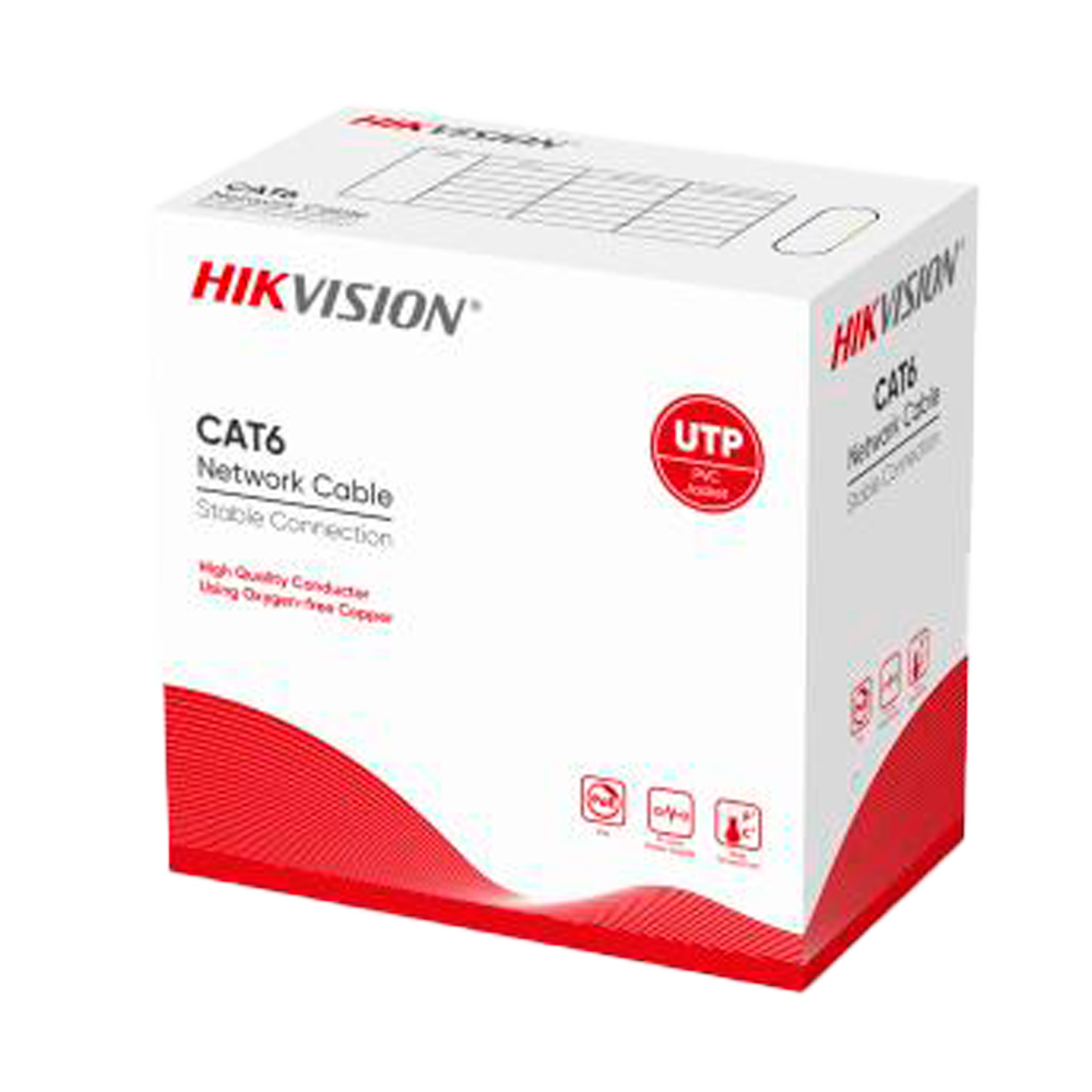(DS-1LN6-UU) Catégorie 6 de câble UTP Hikvision - Conducteur OFC, 99,5% cuivre - Diamètre 23 AWG-0,56mm - Certifié Eca/UL CM - Livré dans une boîte en carton de 305m - Couvercle couleur orange