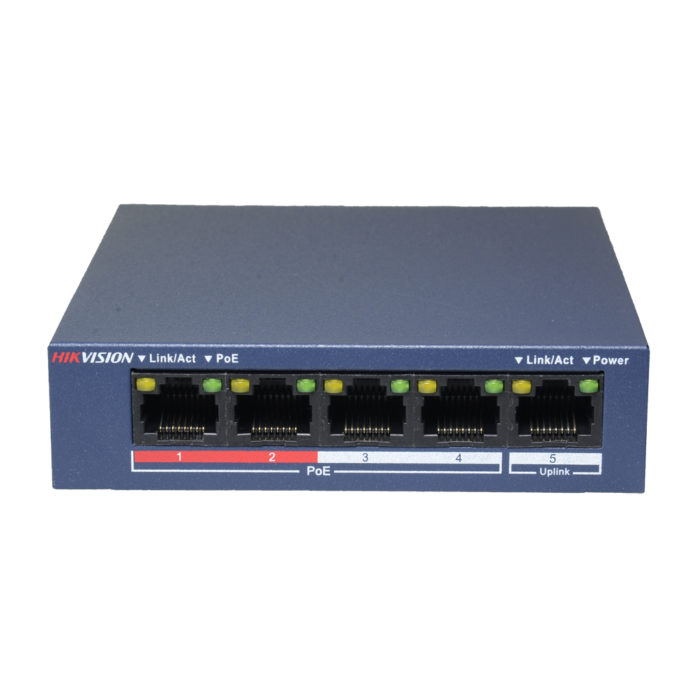 (DS-3E0105P-E/M(B)) Switch de bureau Hikvision - 4 ports PoE + 1 port Uplink (RJ45) - Vitesse 10/100 Mbps - Jusqu'à 35W au total pour tous les ports - Compatible avec PoE IEEE802.3af