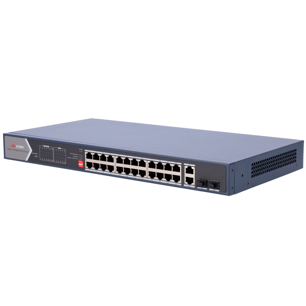 (DS-3E0528HP-E) Switch PoE Hikvision - 24 RJ45 Gigabit + 4 liaison uplink Gigabit RJ45/SFP - 20 PoE+ 802.3af/at + 4 Hi-PoE 802.3af/at/bt - Jusqu'à 370w Puissance PoE totale - PoE Étendu / PoE Watchdog / Port Isolation - Installation sur le bureau