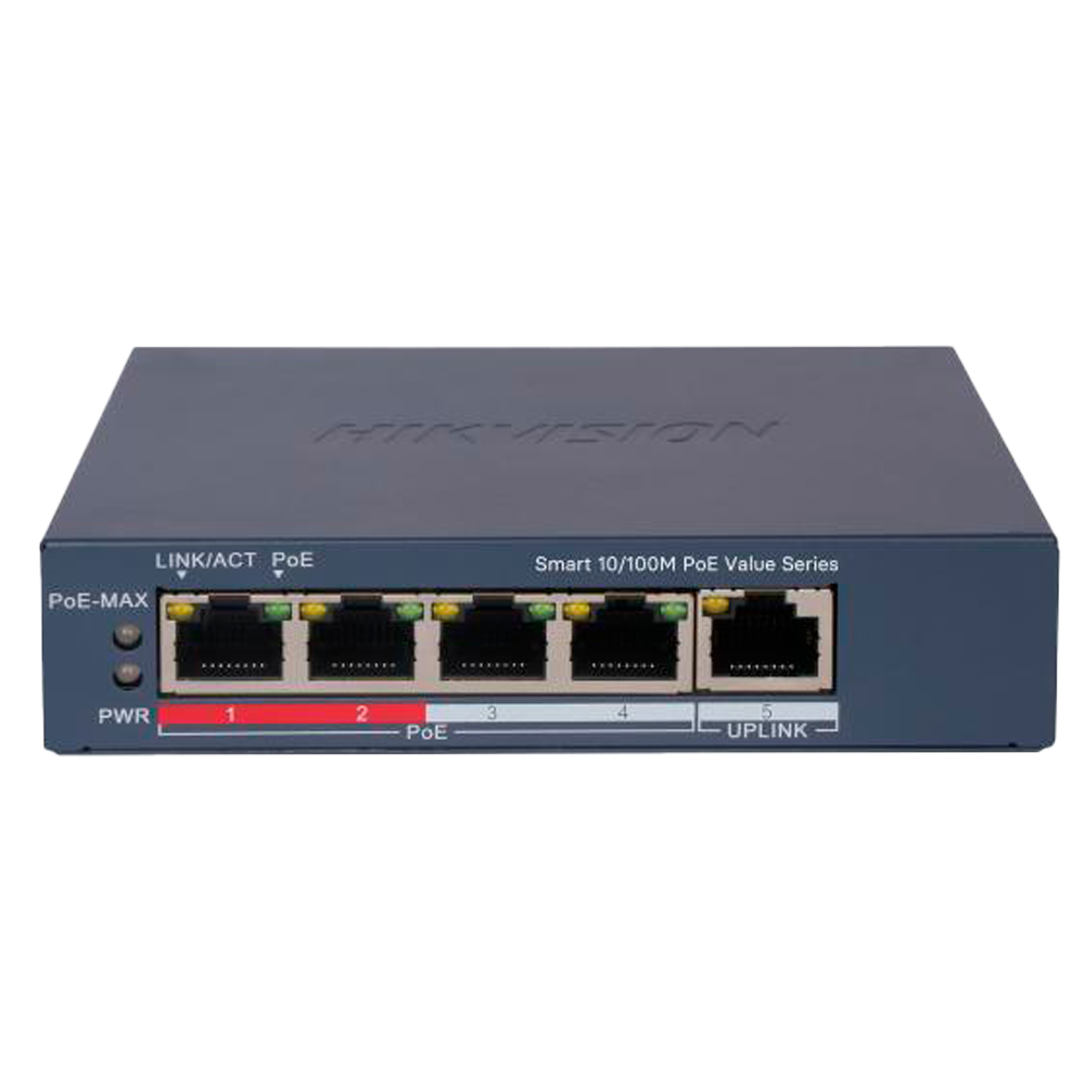 (DS-3E1105P-EI/MV2) Switch PoE Manageable Hikvision - 4 ports PoE 802.3af/at + 1 Uplink RJ45 - 4 RJ45 10/100Mbps + 1 RJ45 10/100Mbps - 30W par port 802.3af/at / Maximum 45W - VLAN/Port Isolation/Loop Detection - Agrégation de liens/PoE Watchdog
