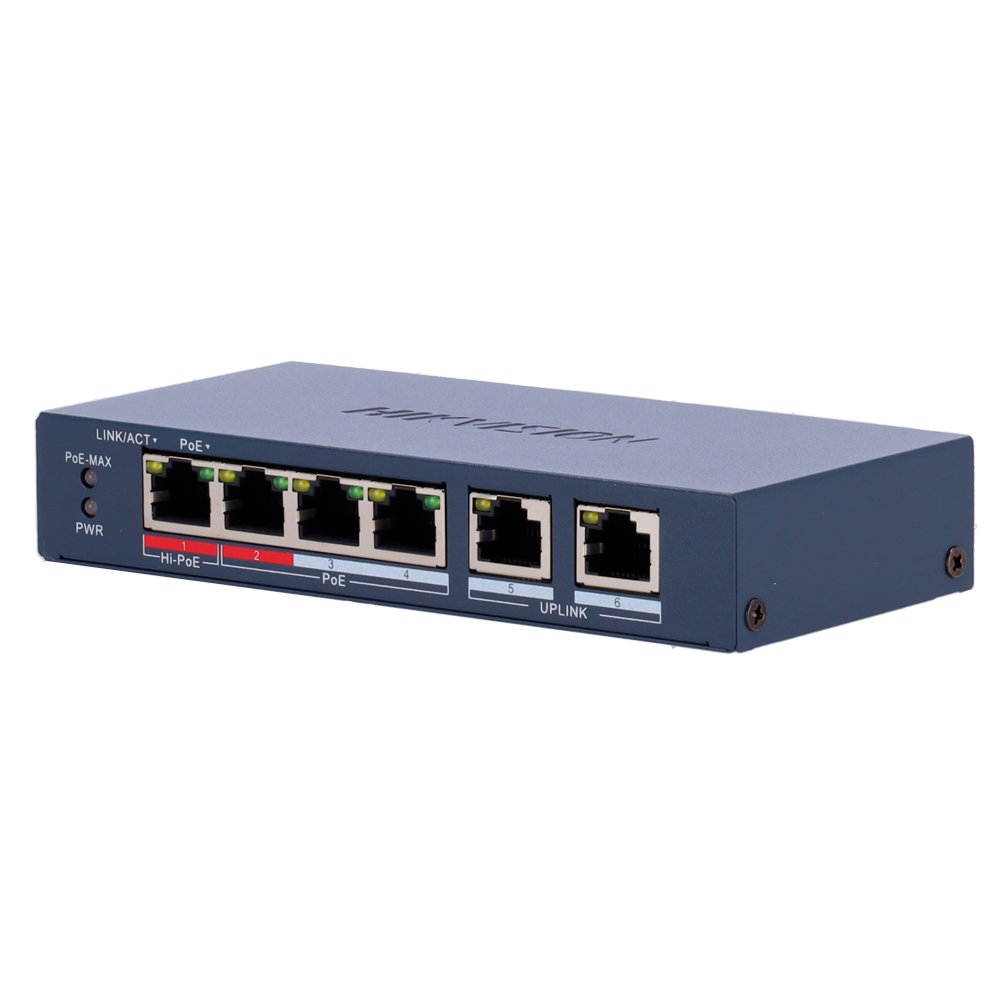 (DS-3E1106HP-EI) Switch Manageable HiPoE Hikvision - 4 ports PoE 802.3af/at + 2 Uplink RJ45 - 4 RJ45 10/100Mbps + 2 RJ45 10/100Mbps -  802.3af/at/bt / Maximum 60W - VLAN/Isolation du port/Dértection de boucle/LLDP - Agrégation de liens/PoE Watchdog/SNMP