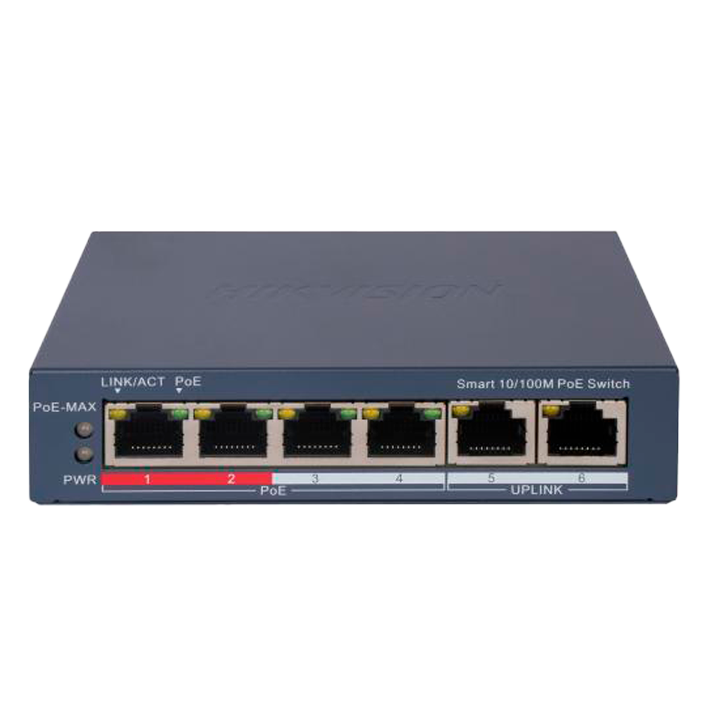 (DS-3E1106P-EI) Switch PoE Manageable Hikvision - 4 ports PoE 802.3af/at + 2 Uplink RJ45 - 4 RJ45 10/100Mbps + 2 RJ45 10/100Mbps -  802.3af/at / Maximum 60W - VLAN/Isolation du port/Dértection de boucle/LLDP - Agrégation de liens/PoE Watchdog/SNMP