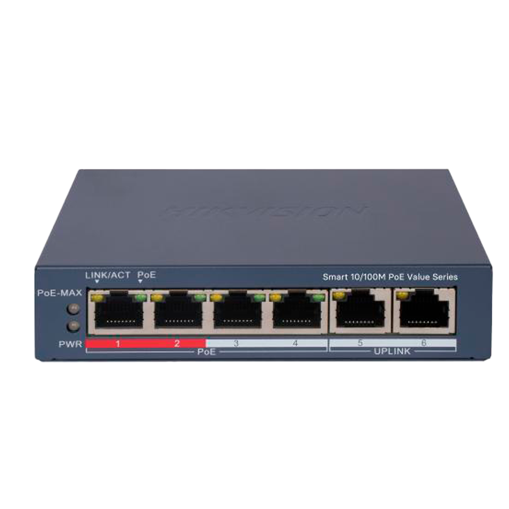 (DS-3E1106P-EI/M) Switch PoE Manageable Hikvision - 4 ports PoE 802.3af/at + 2 Uplink RJ45 - 4 RJ45 10/100Mbps + 2 RJ45 10/100Mbps -  802.3af/at / Maximum 45W - VLAN/Isolation du port/Dértection de boucle/LLDP - Agrégation de liens/PoE Watchdog/SNMP