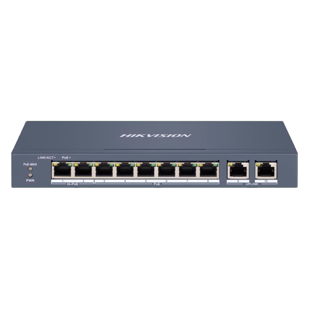 (DS-3E1310HP-EI) Switch Manageable HiPoE Hikvision - 8 ports PoE 802.3af/at + 2 Uplink RJ45 - 8 RJ45 10/100 Mbps + 2 RJ45 10/100/1000 Mbps -  802.3af/at/bt / Maximum 110W - VLAN/Isolation du port/Dértection de boucle/LLDP - Agrégation de liens/PoE Watchdog/SNMP