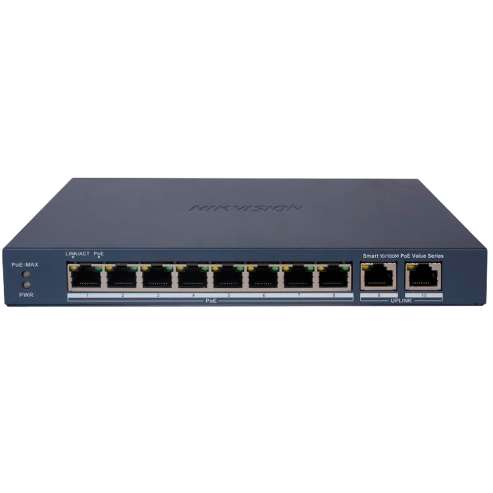 (DS-3E1310P-EI/M) Switch PoE Manageable Hikvision - 8 ports PoE 802.3af/at + 2 Uplink RJ45 - 8 RJ45 10/100 Mbps + 2 RJ45 10/100/1000 Mbps -  802.3af/at / Maximum 60W - VLAN/Isolation du port/Dértection de boucle/LLDP - Agrégation de liens/PoE Watchdog/SNMP