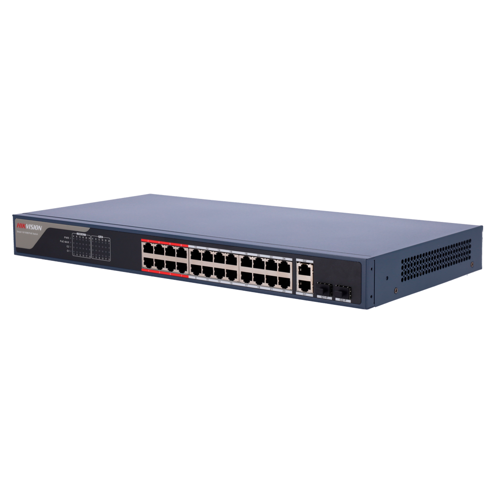 (DS-3E1326P-EI(B)) Switch PoE Hikvision - 24 ports RJ45 FE + 2 ports Gigabit RJ45/SFP - 24 Ports PoE+ 802.3af/at - Jusqu'à 370w Puissance PoE totale - PoE Étendu / PoE Watchdog / Port Isolation - Installation en rack/mur/plan de travail