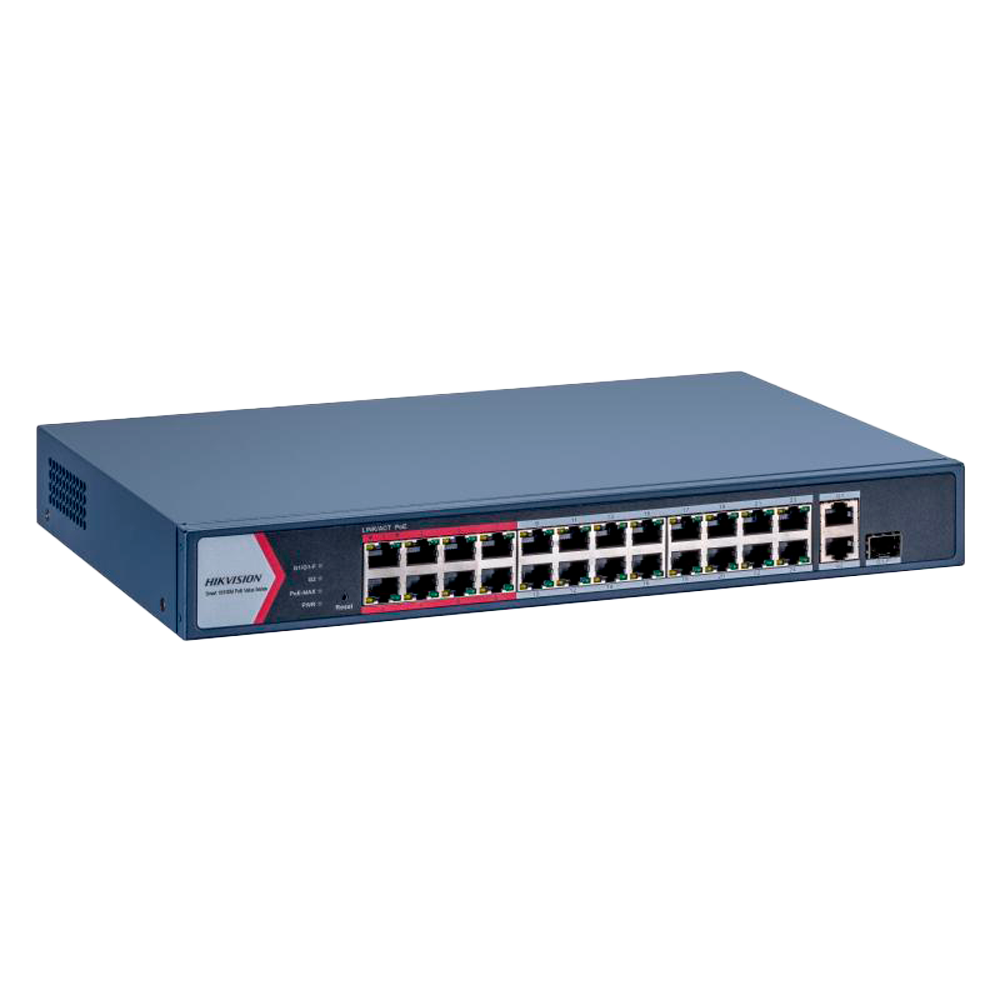 (DS-3E1326P-EI/M) Switch PoE Hikvision - 24 ports RJ45 FE +1 x GE RJ45 + 1x GE RJ45/SFP - 24 Ports PoE+ 802.3af/at - Jusqu'à 230w Puissance PoE totale - PoE Étendu / PoE Watchdog / Port Isolation - Installation en rack/mur/plan de travail