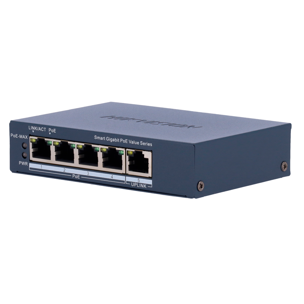 (DS-3E1505P-EI/M) Switch manageable Gigabit PoE Hikvision - 4 ports PoE 802.3af/at + 1 Uplink RJ45 - 4 RJ45 10/100/1000 Mbps + 1 RJ45 10/100/1000Mbps - 30W par port 802.3af/at / Maximum 45W - VLAN/Isolation du port/Dértection de boucle/LLDP - Agrégation de liens/PoE Watchdog/SNMP