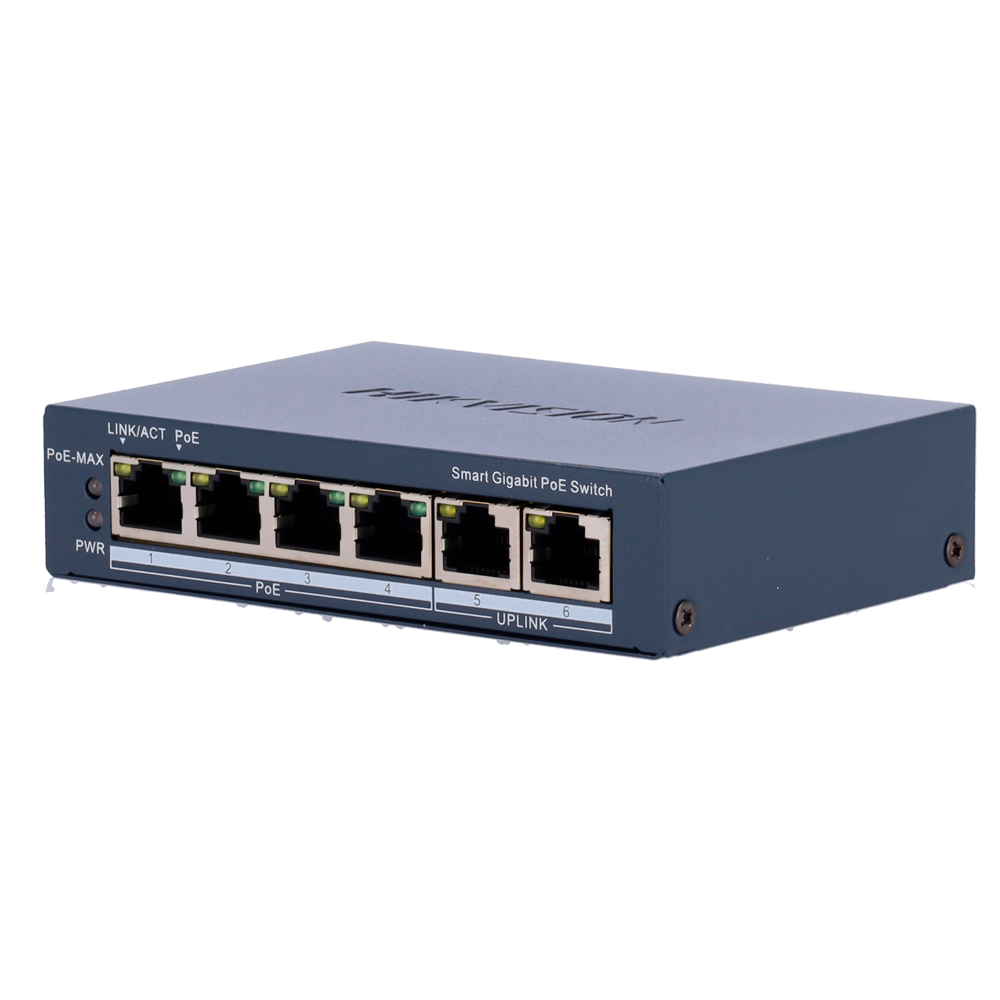 (DS-3E1506P-EI) Gigabit PoE Switch manageable Hikvision - 4 ports PoE 802.3af/at + 2 Uplink RJ45 - 4 RJ45 10/100/1000 Mbps + 2 RJ45 10/100/1000Mbps -  802.3af/at / Maximum 60W - VLAN/Isolation du port/Dértection de boucle/LLDP - Agrégation de liens/PoE Watchdog/SNMP