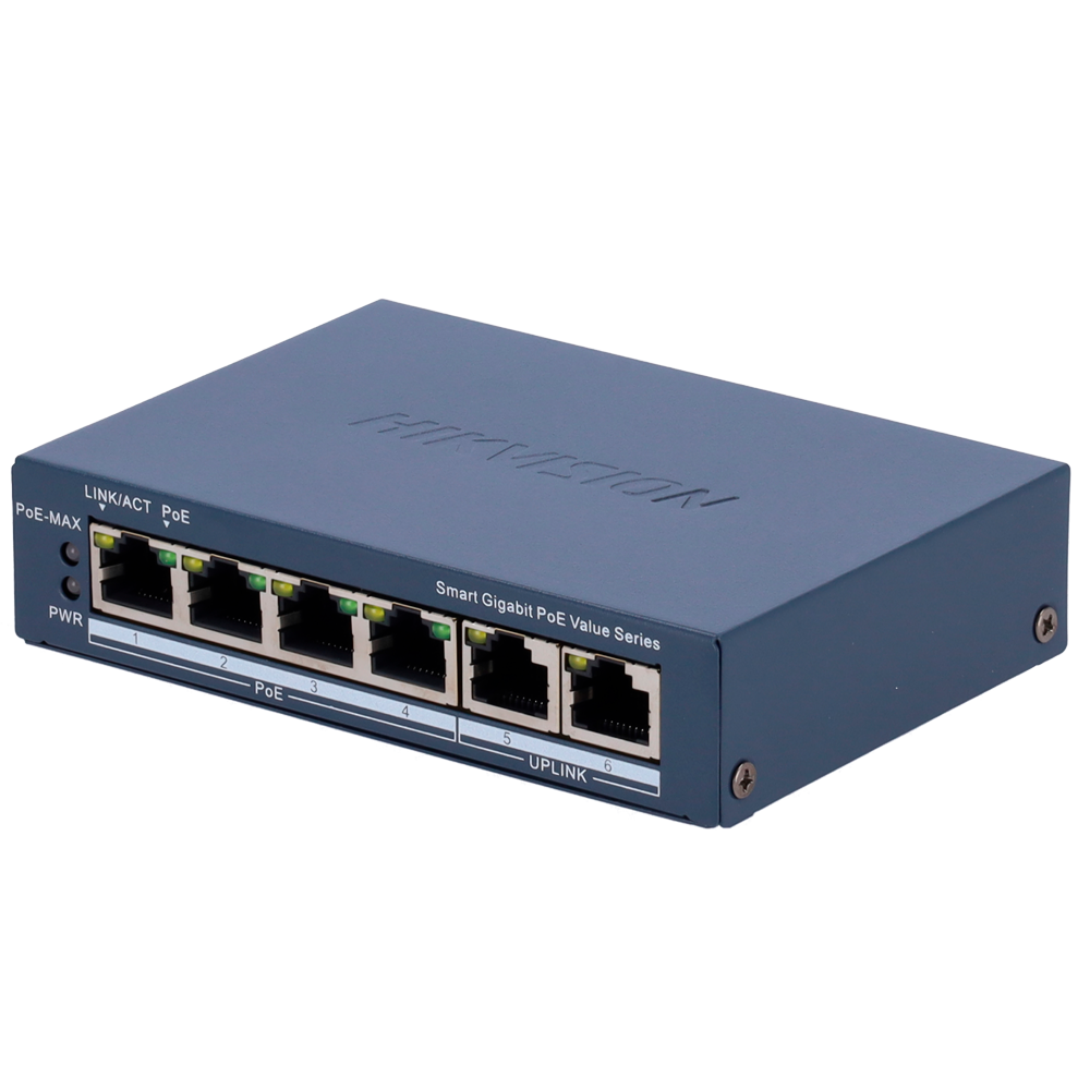 (DS-3E1506P-EI/M) Gigabit PoE Switch manageable Hikvision - 4 ports PoE 802.3af/at + 2 Uplink RJ45 - 4 RJ45 10/100/1000 Mbps + 2 RJ45 10/100/1000Mbps -  802.3af/at / Maximum 45W - VLAN/Isolation du port/Dértection de boucle/LLDP - Agrégation de liens/PoE Watchdog/SNMP