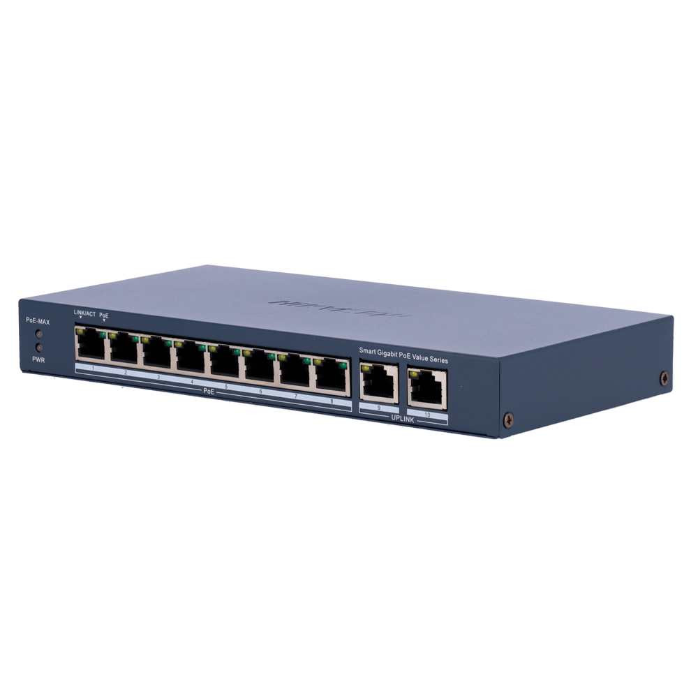 (DS-3E1510P-EI/M(B)) Switch PoE Manageable Hikvision - 8 ports PoE 802.3af/at + 2 Uplink RJ45 - 8 RJ45 10/100/1000 Mbps + 2 RJ45 10/100/1000Mbps -  802.3af/at / Maximum 60W - VLAN/Isolation du port/Dértection de boucle/LLDP - Agrégation de liens/PoE Watchdog/SNMP