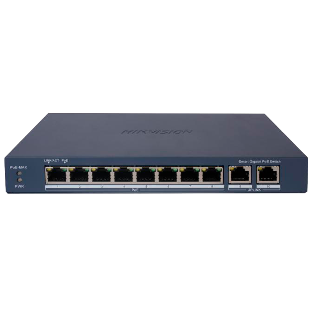 (DS-3E1510P-EIV2) Switch PoE Manageable Hikvision - 8 ports PoE 802.3af/at + 2 Uplink RJ45 - 8 RJ45 10/100/1000 Mbps + 2 RJ45 10/100/1000Mbps -  802.3af/at / Maximum 110W - VLAN/Isolation du port/Dértection de boucle/LLDP - Agrégation de liens/PoE Watchdog/SNMP