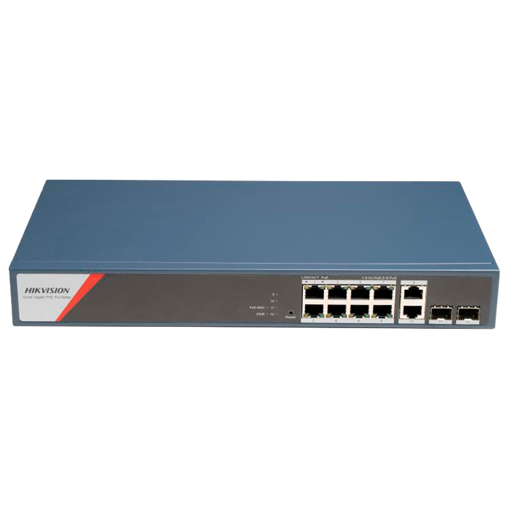 (DS-3E1512HP-SI-8P2T2F) Switch PoE Hikvision - 8 ports RJ45 GE + 2 ports Gigabit RJ45/SFP - 8 Ports PoE+ 802.3af/at/bt - Jusqu'à 130w Puissance PoE totale - PoE Étendu / PoE Watchdog / Port Isolation - Installation en rack/mur/plan de travail