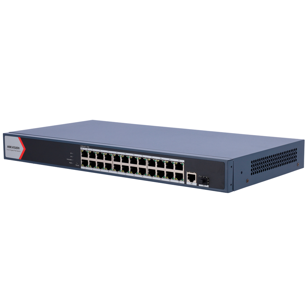 (DS-3E1526P-EI) Switch PoE Hikvision - 24 ports RJ45 GE + 1 port Gigabit RJ45/SFP - 24 Ports PoE+ 802.3af/at - Jusqu'à 370w Puissance PoE totale - PoE Étendu / PoE Watchdog / Port Isolation - Installation en rack/mur/plan de travail