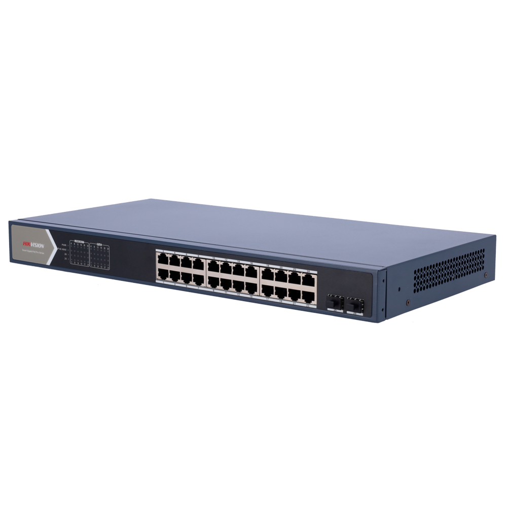 (DS-3E1526P-SI) Switch PoE Hikvision - 24 ports RJ45 GE + 2 ports Gigabit SFP - 24 Ports PoE+ 802.3af/at - Jusqu'à 370w Puissance PoE totale - PoE Étendu / PoE Watchdog / Port Isolation - Installation en rack/mur/plan de travail