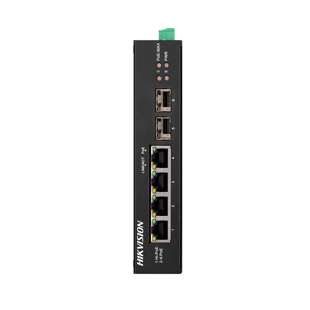 (DS-3T0506HP-E/HS) Switch Industrial PoE Hikvision - 4 puertos RJ45 Gigabit + 2 puertos Gigabit SFP - 3 Puertos PoE+ y 1 Puerto HiPoE - Hasta 60w de Potencia PoE Total - Instalación en Carril DIN