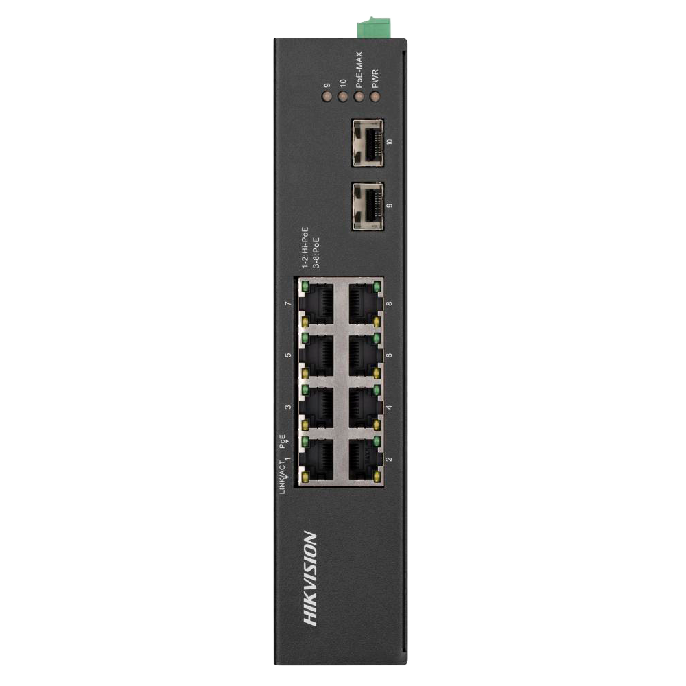 (DS-3T0510HP-E/HS) Switch PoE non manageable industriel Hikvision - 8 ports Ethernet RJ45 Gigabit +2 SFP Gigabit - 8 Ports Ethernet PoE+ 802.3af/at - Jusqu'à 30W par port PoE - Jusqu'à 240W de puissance PoE - Boîtier en aluminium robuste