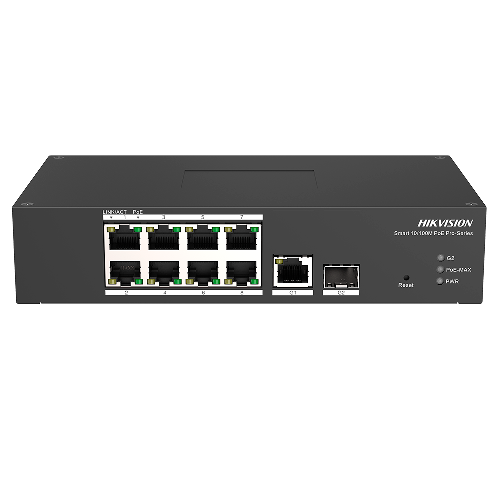 (DS-3T1310P-SI/HS) Switch PoE Hikvision - 8 puertos RJ45 FE + 1 puerto Gigabit RJ45/SFP - 8 Puertos PoE+ 802.3af/at - Hasta 110w de Potencia PoE Total - PoE Extendido / PoE Watchdog / Port Isolation - Instalación en pared/sobremesa