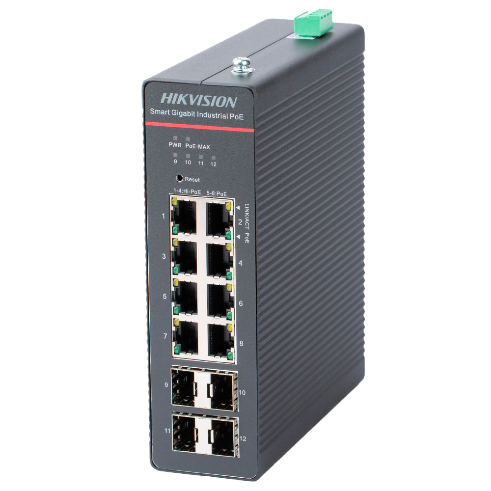 (DS-3T1512HP-SI-8P4F) Hikvision Switch Industrial PoE Cloud Capa 2 - 8 puertos PoE+ Gigabit + 4 puertos SFP Gigabit - Compatible 802.3af/at/bt  / Máximo 300W - Static LAG/DHCP Snoop/IGMP Snoop/Port Mirror - VLAN/Loop Prevention/STP/RSTP/ACL/Watchdog - Montaje en carril DIN
