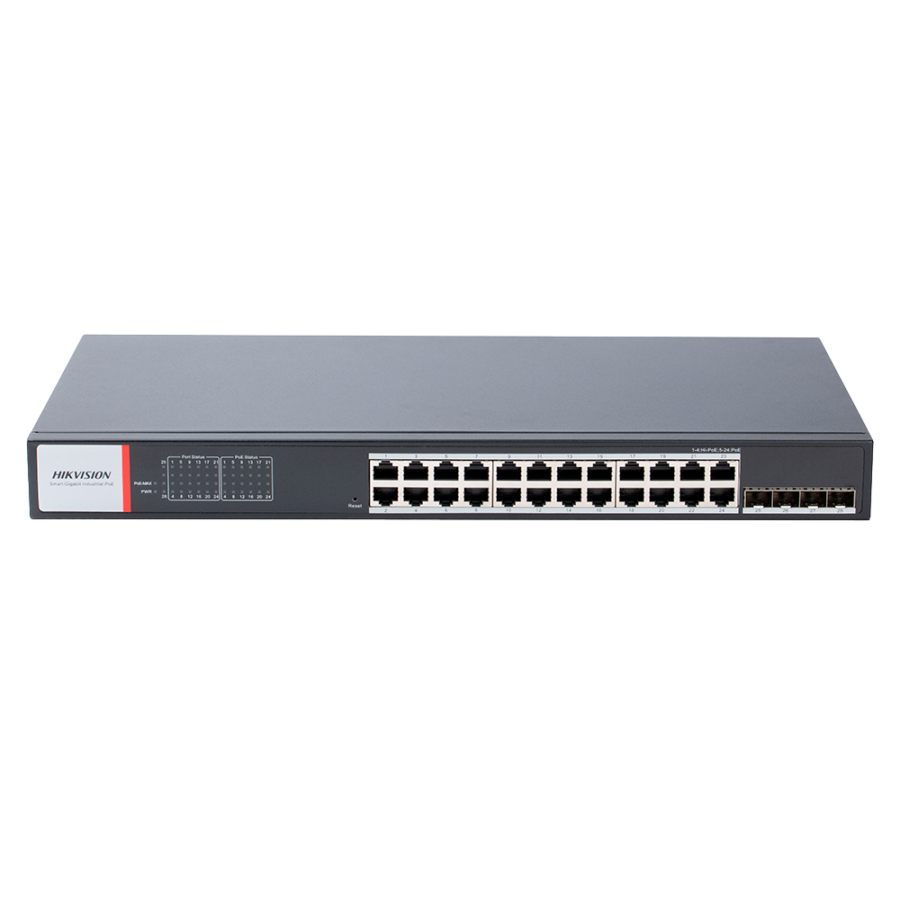 (DS-3T1528HP-SI-24P4F) Switch PoE Hikvision - 24 puertos RJ45 GE POE + 4 puertos Gigabit SFP - Puerto 1-4 HiPoE - Hasta 480w de Potencia PoE Total - PoE Extendido / PoE Watchdog / Port Isolation - Instalación en rack/pared/sobremesa