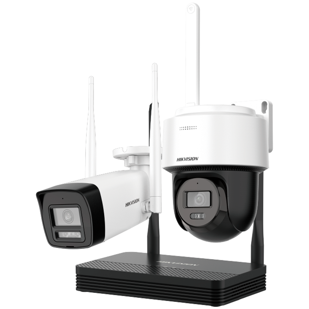 (DS-J142I/NKS424W03H) Kit de vidéosurveillance Wi-Fi Hikvision - Caméra bullet 4 Mpx + caméra PT 4 Mpx - NVR 4 Canaux IP 6 Mpx - Objectif 2.8 mm (les deux caméras) - Bullet: IR 30 m | PT: IR 25 m, lumière blanche 25 m - Microphone intégré | MicroSD | 1 HDD | IP66