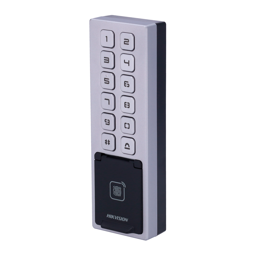(DS-K1T805MBFWX) Contrôle d'accès IP65 IK08 - Empreinte digitale, carte MF et PIN - 3.000 utilisateurs | 100.000 registres - TCP/IP, WiFi, RS485 et Wiegand - Contrôleur intégré - iVMS-4200 | Hik-Connect
