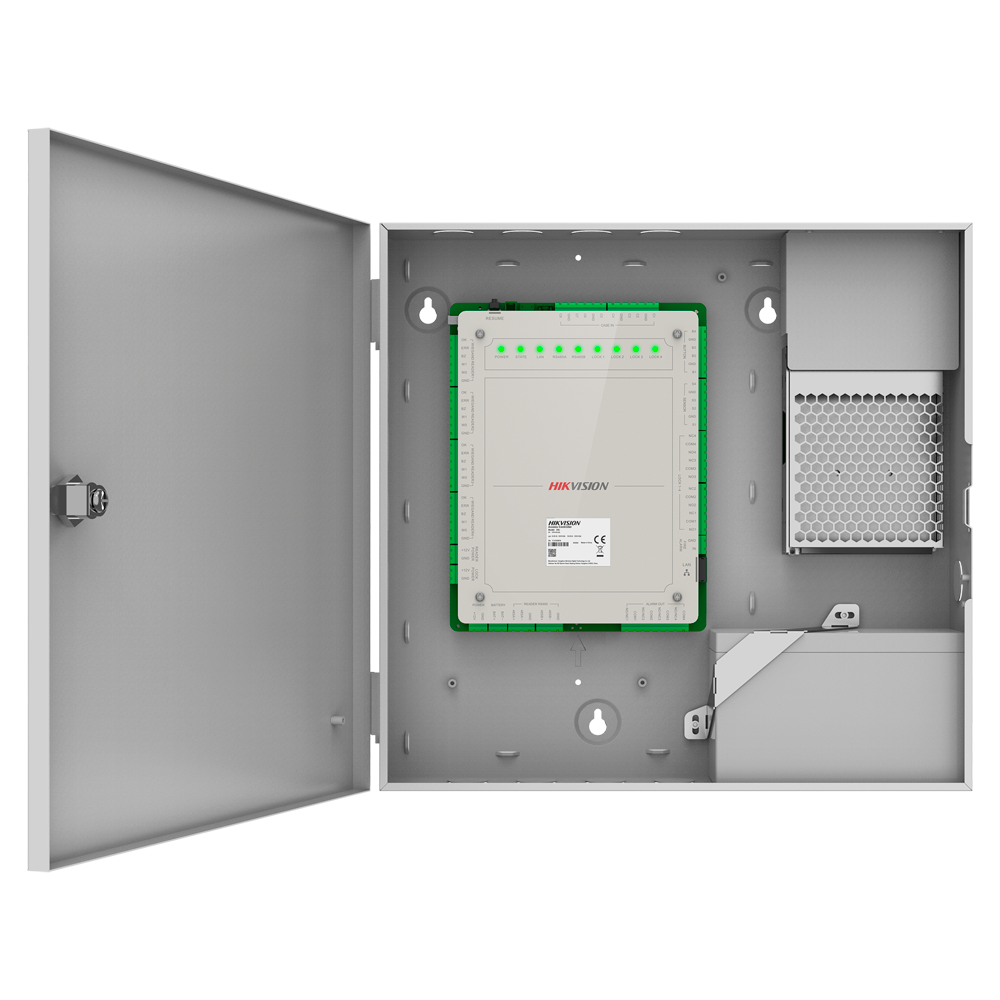 (DS-K2624X) Contrôleur d'accès à multi-identification - Reconnaissance faciale, empreinte digitale, carte, QR ou PIN - 4 portes | Communication TCP/IP - 4 lecteurs par Wiegand | 8 lecteurs par OSDP - Boîtier alimenté : Compartiment à piles - iVMS-4200 | Hik-Connect