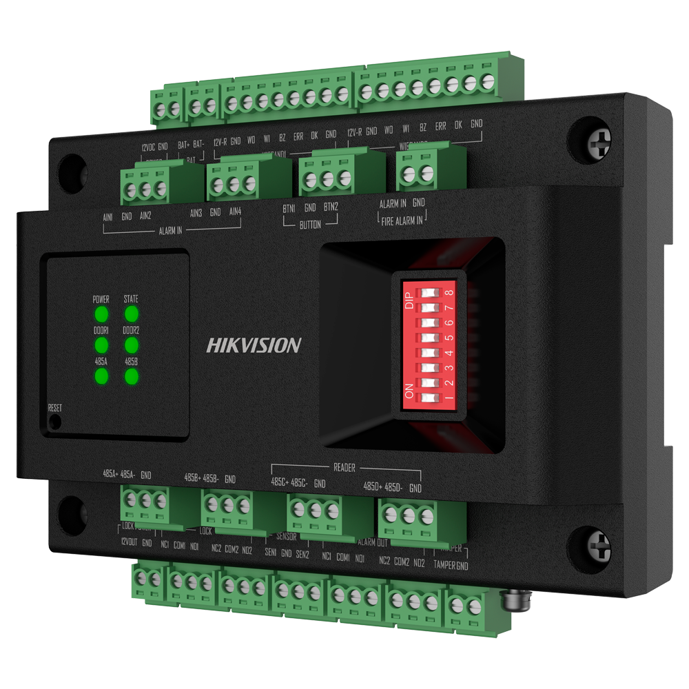 (DS-K2M002X) Extension du contrôleur d'accès - Reconnaissance faciale, empreinte digitale, carte, QR ou PIN - 2 portes  | Communication RS485 - 2 lecteurs par Wiegand | 4 lecteurs par OSDP - Sans boîtier - Contrôleur principal requis DS-K270x
