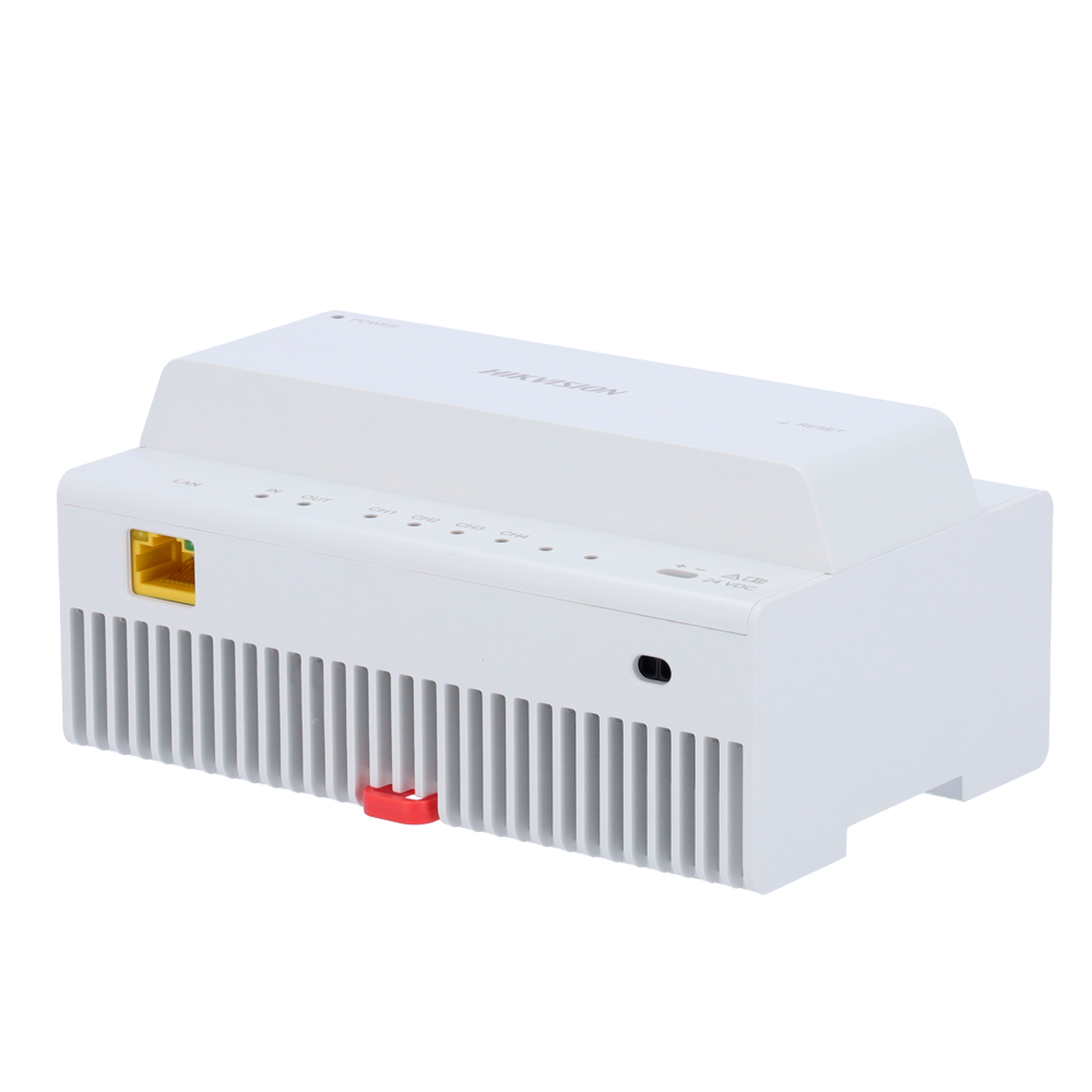 (DS-KAD704Y) Convertisseur pour bâtiments - 2 fils IP - 4 groupes de 2 fils - TCP/IP avec RJ45 - Alimente les dispositifs avec 2 fils - Connexion de hubs en cascade
