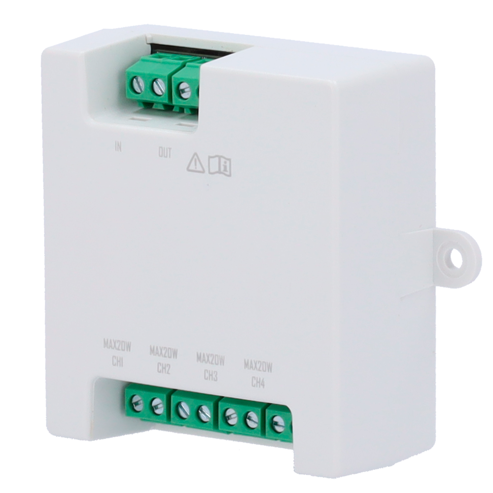 (DS-KAD7061EY) Distributeur pour les bâtiments - 4 groupes de 2 fils HD - Alimente jusqu'à 4 moniteurs de 2 fils HD - Alimentation par DS-KAD7060EY ou DS-KAD7061EY - Connexion de hubs en cascade - Taille de la boîte à mécanisme standard