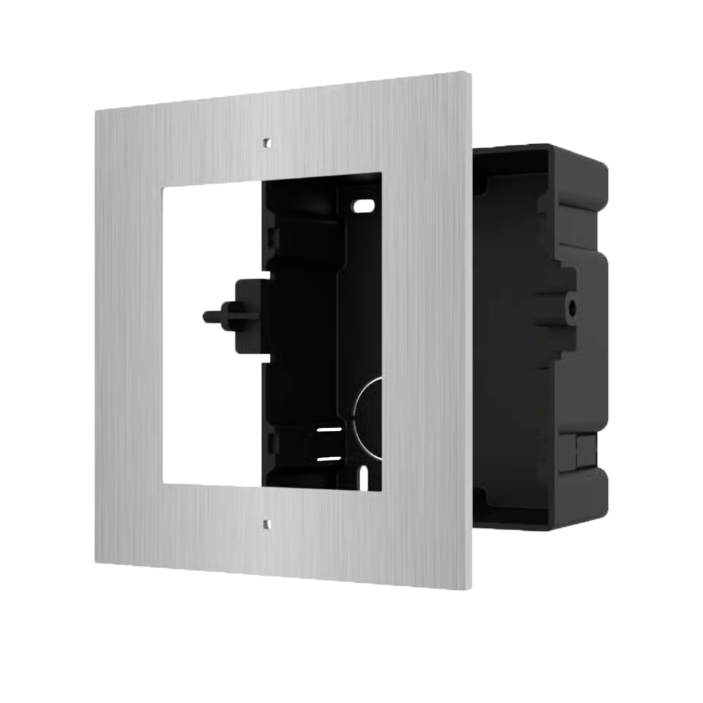 (DS-KD-ACF1/S) Panneau frontal et boîtier encastré - Jusqu'à 1 module - Spécifique pour les portiers vidéo Hikvision - Compatible avec les modules Hikvision - Boîte en plastique - Panneau fabriqué en acier inoxydable