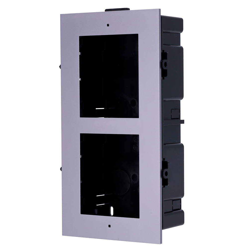 (DS-KD-ACF2) Panneau frontal et boîtier encastré - Pour jusqu´à 2 modules - Spécifique pour les portiers vidéo Hikvision - Compatible avec les modules Hikvision - Boîte en plastique - Panneau fabriqué en aluminium qualité aviation
