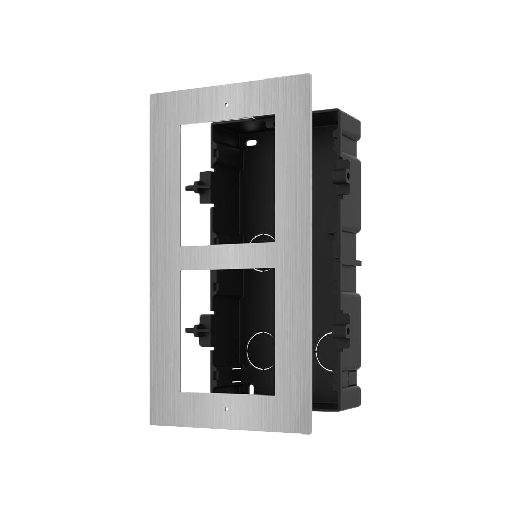 (DS-KD-ACF2/S) Panneau frontal et boîtier encastré - Pour jusqu´à 2 modules - Spécifique pour les portiers vidéo Hikvision - Compatible avec les modules Hikvision - Boîte en plastique - Panneau fabriqué en acier inoxydable
