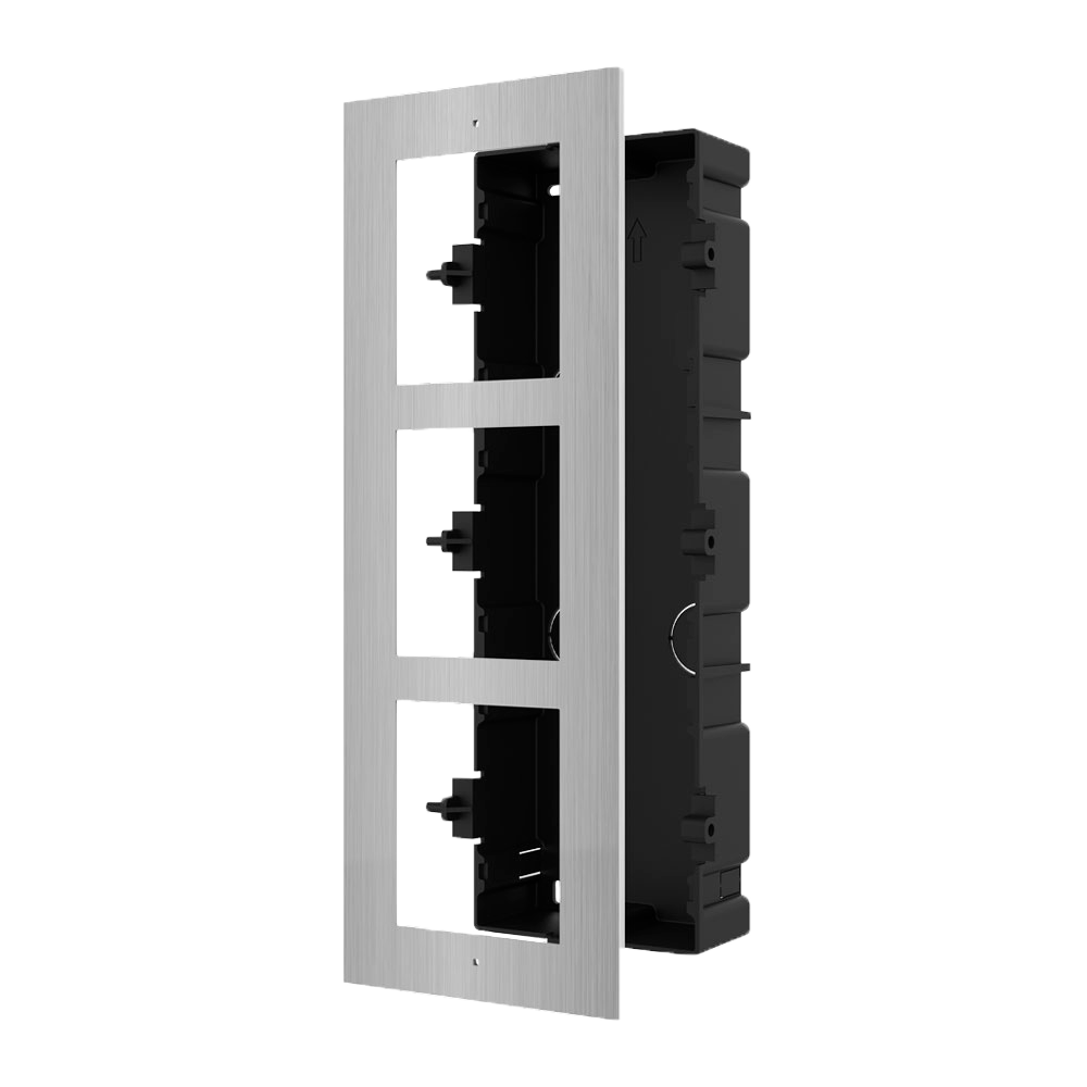 (DS-KD-ACF3/S) Panneau frontal et boîtier encastré - Pour jusqu´à 3 modules - Spécifique pour les portiers vidéo Hikvision - Compatible avec les modules Hikvision - Boîte en plastique - Panneau fabriqué en acier inoxydable