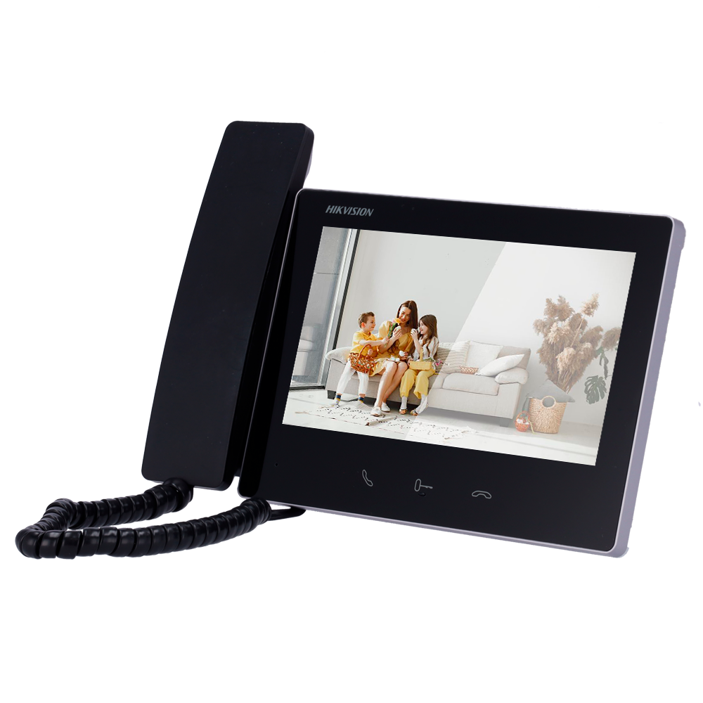 (DS-KH7300EY-THE2) Moniteur pour interphone vidéo - Ecran TFT de 7" - Audio bidirectionnel LED d'état - 2 câbles HD | Casque portable - Emplacement pour carte microSD jusqu'à 128 Go - Montage en superficie
