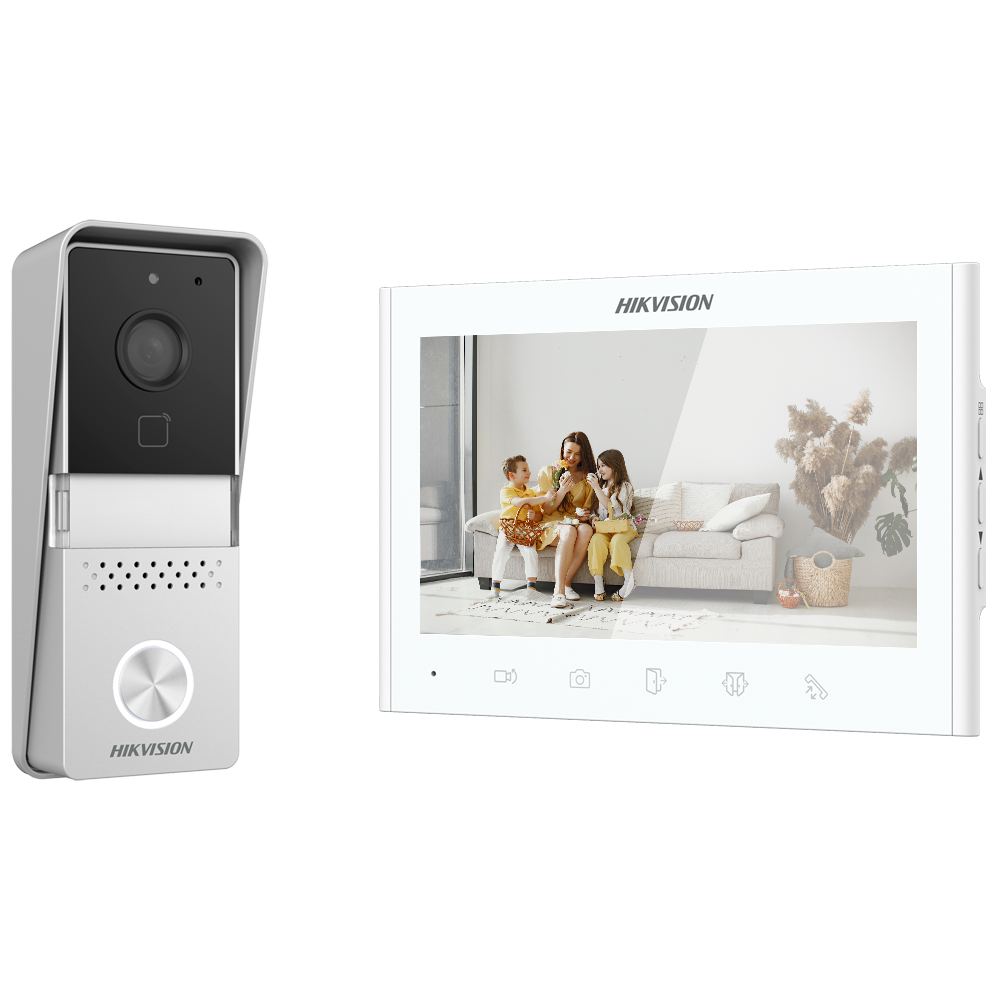 (DS-KIS102-P/Surface) Kit d'interphone vidéo - Technologie 2 fils analogique - Platine et moniteur - Lecteur MF | Connexion à 2 fils - Installation Plug &amp; Play - Montage en surface | IP55