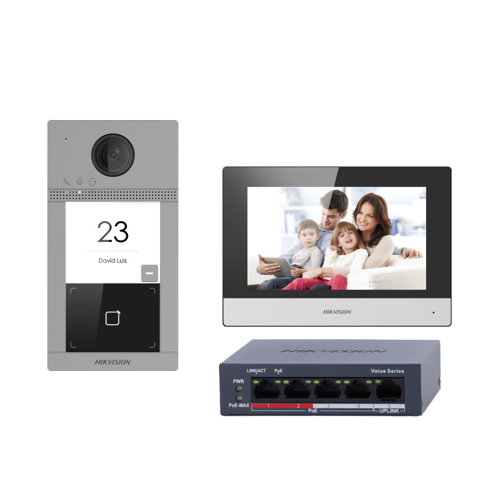 [DS-KIS604-S(C)] (DS-KIS604-S(C)) Kit de videoportero con dos relés - Tecnología IP &amp; WiFi | Switch PoE - Placa y monitor | Permite 16 monitores más - Lector MF | PoE - App móvil con P2P | Relés internos en monitor - Montaje sobre superficie | IP65, IK08