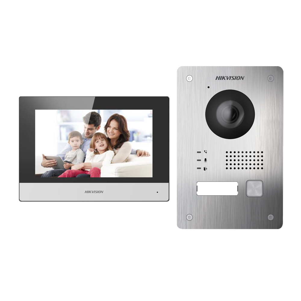 (DS-KIS703Y-P) Kit d'interphone vidéo - Technologie 2 fils avec TCP/IP et WiFi - Platine et moniteur | Autorise uniquement 1 moniteur - Firmware facile à configurer sans réseau - Application mobile avec P2P - Montage en saillie ou encastré IP65