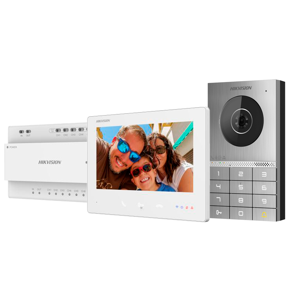 (DS-KIS706EY) Kit de videoportero con dos relés - Tecnología 2 hilos HD con WiFi - Placa y monitor | Permite 8 monitores más - Firmware de fácil configuración sin red - Lector MF y teclado | App móvil con P2P - Montaje sobre superficie | IP65, IK08