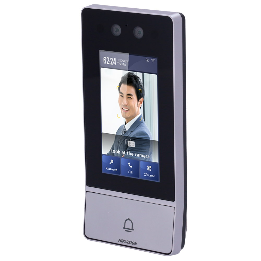 (DS-KV9503-WBE1) Portier Vidéo IP WiFi - Caméra 2 Mpx | Audio bidirectionnel - Faciale, carte MF, QR et PIN | 2 relais - Application mobile via le moniteur - Ecran IPS 4.3" tactile IP65, IK08 - Installation en surface | PoE